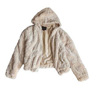 Ambiance Outerwear - Fluffy Faux Fur Hoodie Jacket - Cream/Light Tan - M
